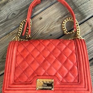 Bebe Orange Quilted Veggan Leather Bag, Gold Chain